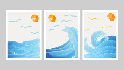 Fototapeta na wymiar Set of creative minimalist sea hand painted illustrations for wall decoration, postcard or brochure cover design. Vector EPS10