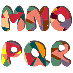 Letters M, N, O, P, Q, R with a pattern of patches and shadows