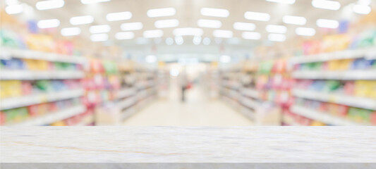 marble table top with supermarket grocery store blurred background with bokeh light for product display