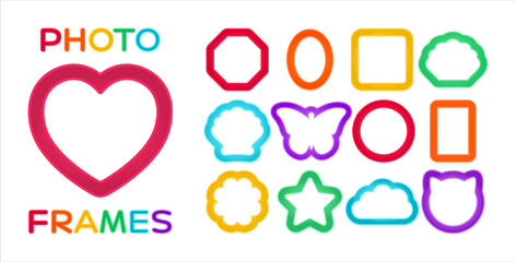 Set of Beautiful Simple Frames for a Child Portrait. Template for Invitation, Birthday. Blank for Text and Photos. Bright Color Cartoon style. White background. Vector illustration for Holiday Design.