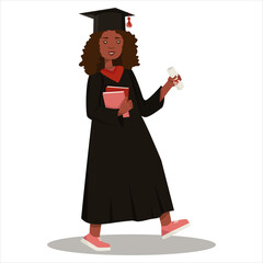 Graduate student with diploma. Happy african american girl in a graduate's robe on a white background. EPS 10.