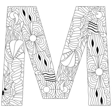 Letter M monogram for coloring, engraving design. Vector illustration.