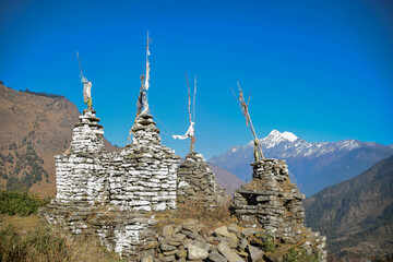 Traditional old buddhist stupa in Himalaya mountains. Tamang Heritage Trail and Langtang trek day 1 from Syabrubesi to Gatlang, Nepal