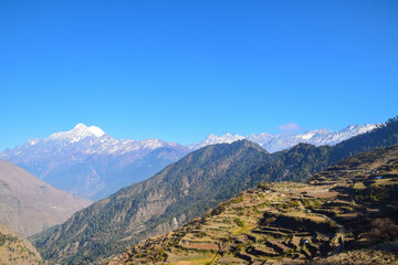 Houses of the village Gatlang in Nepal. Tamang Heritage Trail and Langtang trek day 1 from Syabrubesi to Gatlang