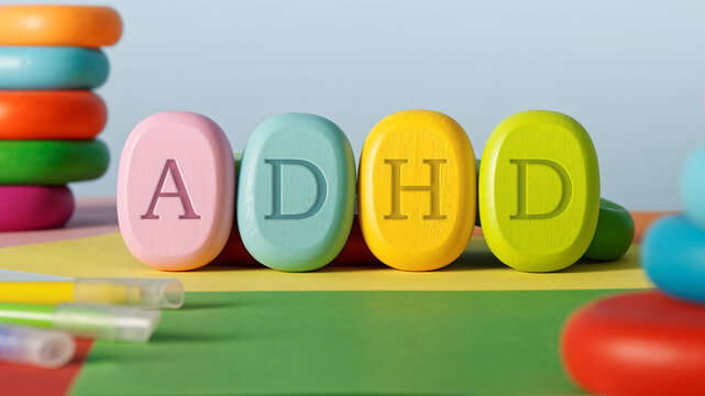 Letters ADHD written on colorful toy blocks. Attention deficit hyperactivity disorder concept.