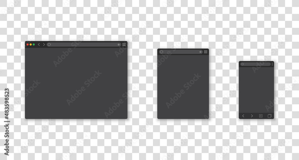 Wall mural web browser window mockup set. black resume. transparent background. desktop, tablet and mobile temp