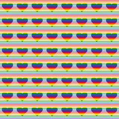 Seamless vector pattern with geometric striped hearts on striped background in rainbow colour pallet. Great for fashion, Valentine, wedding and birthday cards, posters and wrapping paper.
