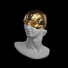 Concept illustration from 3D rendering illustration of a broken marble classical head sculpture with shiny golden skull isolated on black background.