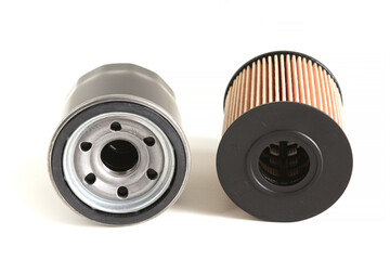 Oil filters for a car engine on a white background. Vehicle service
