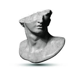 Vector black and white high density dot halftone broken classical style head sculpture fragment from 3d rendering isolated on white background. 