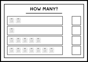 How many christmas calendar, game for children. Vector illustration, printable worksheet