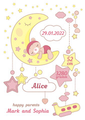 Cartoon template of baby shower poster. This is a girl. Newborn metric for children bedroom