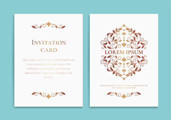 Gold and white invitation card design with vector frame pattern. Vintage ornament template. Can be used for background and wallpaper. Elegant and classic vector elements great for decoration.