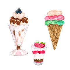 Ice cream watercolor set. Ice cream in waffle cones and glass cups with berries, syrup and chocolate. Set of sweet desserts
