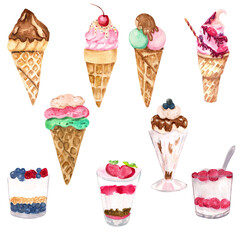 Ice cream watercolor set. Ice cream in waffle cones and glass cups with berries, syrup and chocolate. Set of sweet desserts