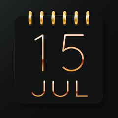 15 day of the month. July. Luxury calendar daily icon. Date day week Sunday, Monday, Tuesday, Wednesday, Thursday, Friday, Saturday. Gold text. Black background. Vector illustration.