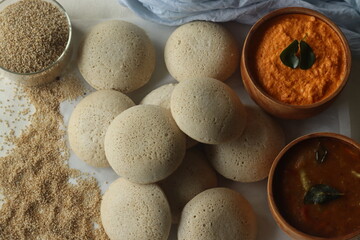 Steamed Little millet cakes or little millet idli. Made with a fermented batter of little millet, lentils. Served with coconut chutney