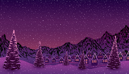 Winter landscape background. Falling snow in village among snowy mountains and pine trees at sunset.