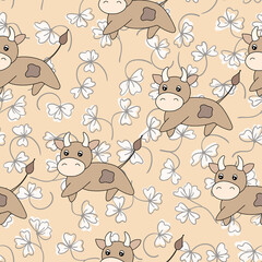 Vector flat animals colorful illustration for kids. Seamless pattern with cute bull and flowers on beige background. Cartoon adorable character. Design for poster, fabric, textile. Cute cow.
