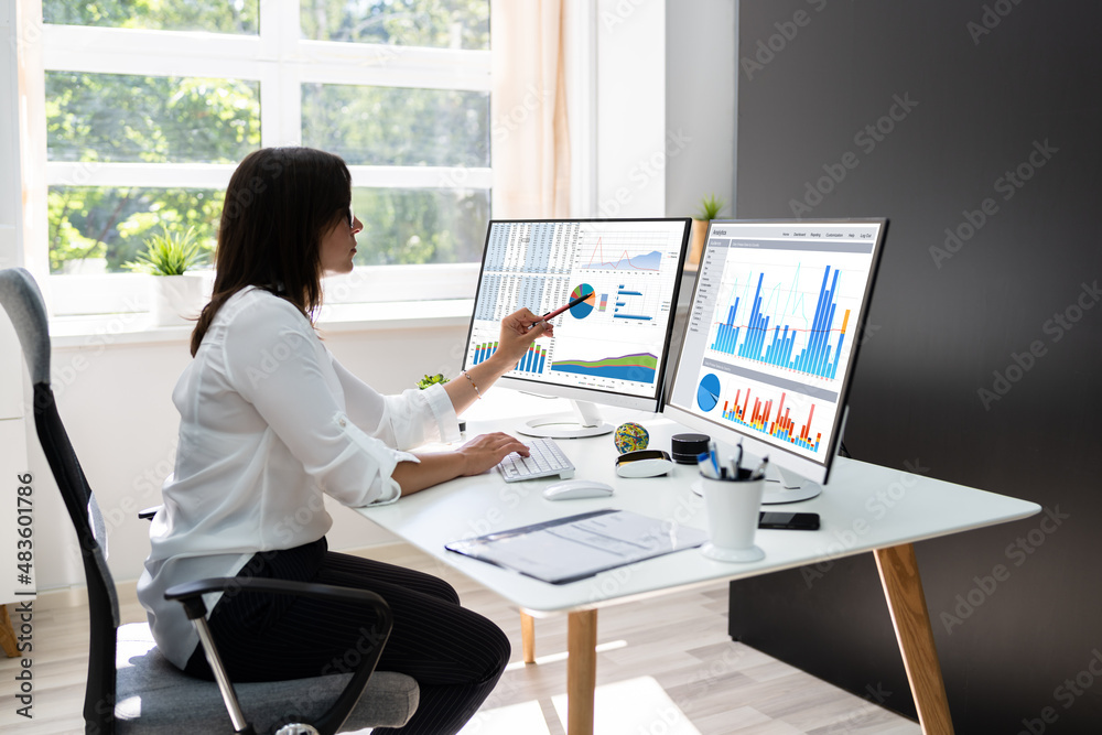 Poster analyst working with spreadsheet business data
