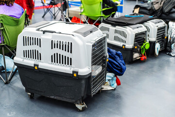 Plastic boxes for transporting animals. Large pet carriers are located on the concrete floor of the...