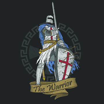 veteran warrior sword and shield illustration vector blue