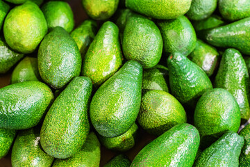 Avocado fruits. Fresh fruits on the counter in the store. Flat frame. selective focus