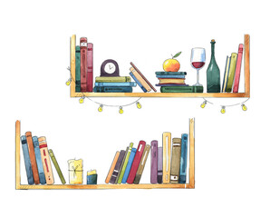 interior details. Bookshelves with books and different objects watercolor illustration