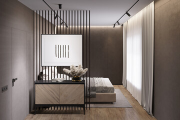 A dark modern bedroom with a horizontal poster above a sideboard near the door, silk curtains near the window, a dark wooden cabinet, gray sheets on the bed, gray carpet on the wooden floor. 3d render