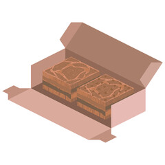 Two brownies in a brown paper box. Hand drawn line brownies. Brownies and packaging.