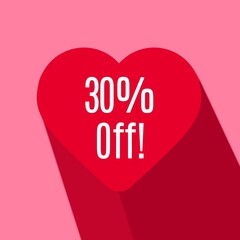 30% off on a red heart on a pink background for Valentine's Day and Mother's Day. Thirty percent off a red heart.