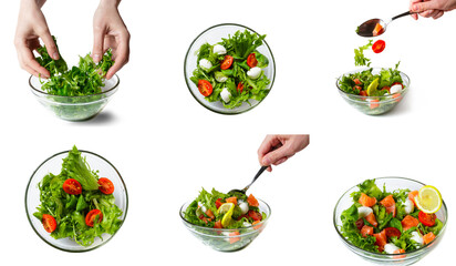 food collage. salad with salmon. step by step salad preparation. action hand stirs salad. healthy food concept