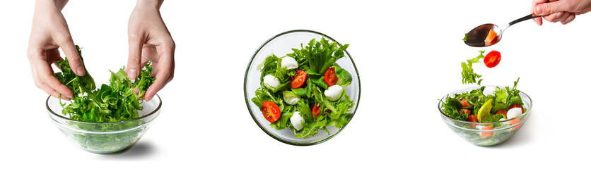 food collage. salad with salmon. step by step salad preparation. action hand stirs salad. healthy food concept