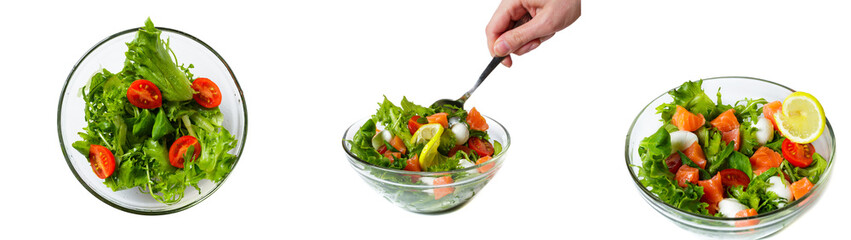 food collage. salad with salmon. step by step salad preparation. action hand stirs salad. healthy food concept