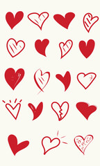 Set of hand drawn red hearts. Vector design elements isolated on white background.