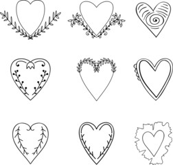 Doodle outline hearts. Set for Valentine's day or wedding design. Vector Illustration.