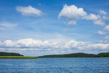 Background with summer landscape lake and green trees, cumulus clouds in the sky