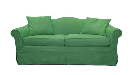 Green sofa with two pillows isolated on white background. Green classic style couch with upholstery...