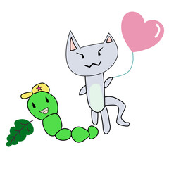 Cute cat and a green worm cartoon.  vector illustration. Can be used for t-shirt print, kids wear fashion design.