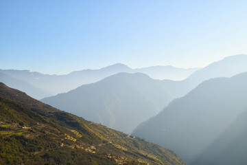Fototapeta premium Himalaya mountains in Nepal. Tamang Heritage Trail and Langtang trek day 2 from Gatlang to Tatopani