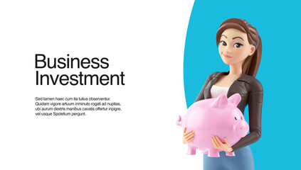 3d cartoon woman standing with piggy bank web banner