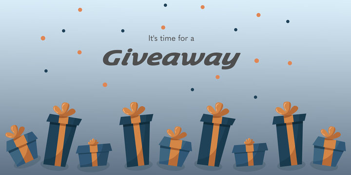 Giveaway. Bright background with vector illustration. Lettering, gift boxes, gradient. Banner for printing, screensaver for the site. Rectangular shape.