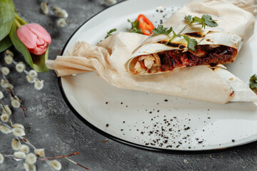 Shawarma sandwich gyro fresh roll of lavash chicken beef shawarma falafel RecipeTin Eatsfilled with grilled meat, mushrooms, cheese. Traditional Middle Eastern snack