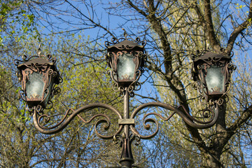 Fototapeta na wymiar Close-up forged lantern on a spring day in parkland. Iron street lamp from black metal with artfulling figured details. Beautiful streetlight against a blue sky and green trees. Steel lamppost.