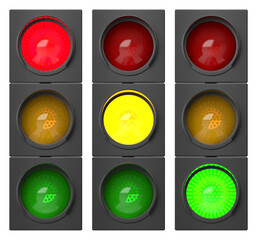 Traffic lights with all three colors on, front view