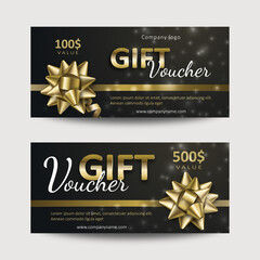 Set of gift vouchers with golden ribbons and bows. Template for a festive gift coupon, invitation and certificate. Vector Illustration - obrazy, fototapety, plakaty