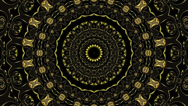 Mandala Kaleidoscope Video in gold and yellow on a black background, gold kaleidoscope, beautiful digital animation art, unique, inspiring, bright and positiv, loops back.