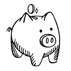 Piggy bank isolated on white background. Box for safe savings, coins, cash, gold. Money pig in doodle style.