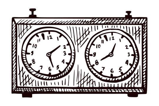 Chess clock sketch isolated. Retro watch for chess game in hand drawn style.