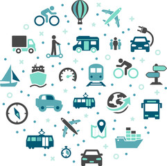 Mode of transport vector illustration. Blue concept with icons related to transportation, public transport, traffic or travel by car, bus, train, boat, bike or other vehicle on the road.